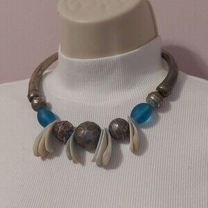 Mixed Media Boho Tribal Runway Choker Necklace Shell Resin Hammered Metal Beads